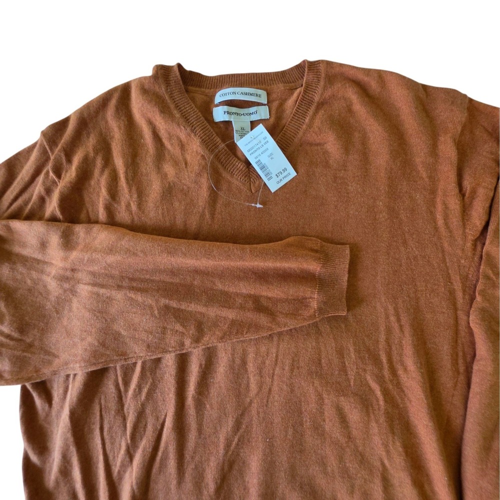 Pronto Uomo Mens V-Neck Sweater Rust Orange Cotton Cashmere Blend XL NWT